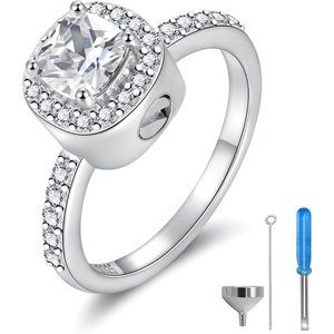 Sterling Silver Women Square Cubic Zirconia Ash Ring Memorial Cremation Jewelry